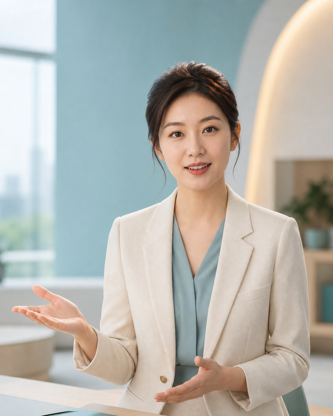 政务短片中的女性讲解员示意画面